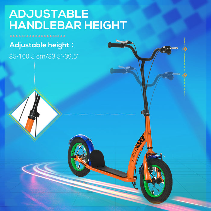 Kids Kick Scooter with Adjustable Height - Dual Brakes & 12-Inch Inflatable Rubber Wheels - Ideal Outdoor Ride for Children 5 Years and Older, Orange
