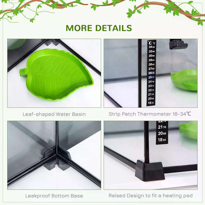 Reptile Glass Terrarium 30x30x20cm - Climbing Pet Breeding Tank with Arboreal Box Design - Includes Strip Patch Thermometer for Heat Monitoring