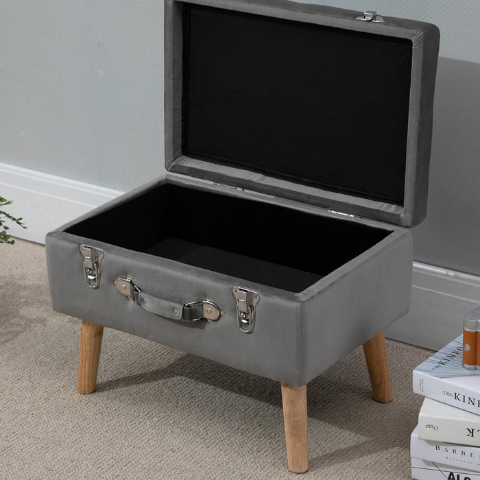 Faux Velvet Upholstered Storage Trunk - Elegant Grey Ottoman with Wooden Legs - Ideal for Home Organization and Comfort Seating