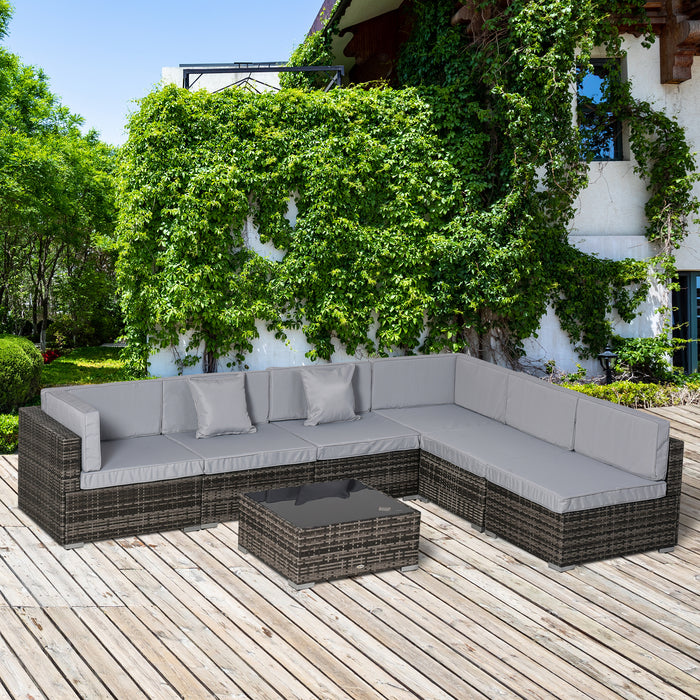 7-Piece Rattan Patio Furniture Set - Outdoor Sectional Sofa with Coffee Table, Wicker Weave, Cushions & Pillows - Ideal for Garden Entertaining and Relaxation