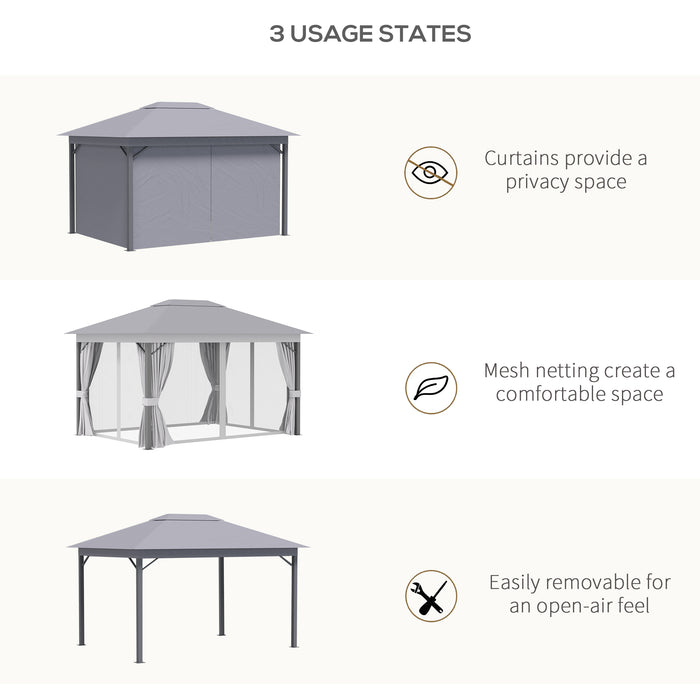 Aluminium Frame Patio Gazebo 4x3m - Vented Roof Canopy with Mosquito Netting and Privacy Curtains - Elegant Shelter for Garden and Outdoor Entertaining