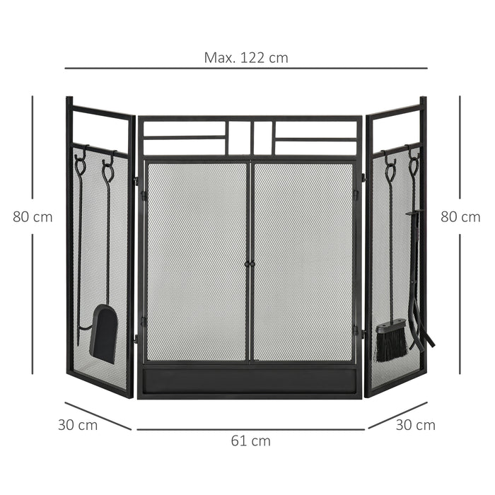 Folding Steel Fire Guard with Double Doors - Triple Panel Mesh Fireplace Screen for Open Fires, 122cm Width x 80cm Height - Safety Accessory for Home Fireplaces