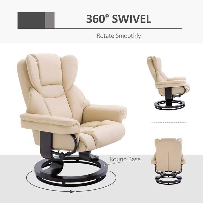 Reclining Swivel Armchair with Footstool - Padded PU Leather Duo, Manual Tilt & 360° Rotation, Cream - Comfortable Sitting Solution for Relaxation & Lounging