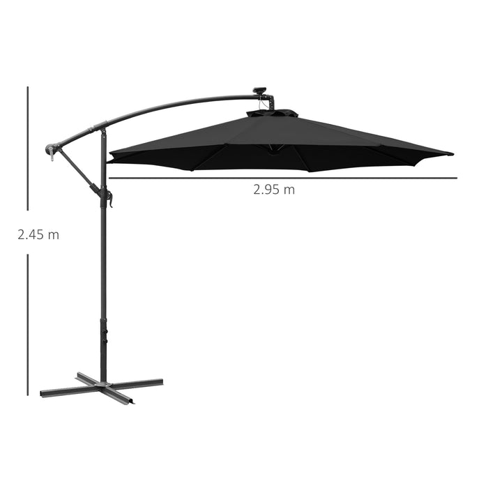 LED Solar-Lit Banana Parasol - 3m Cantilever Garden Umbrella with Crank Handle and Cross Base - Stylish Hanging Sunshade for Outdoor Relaxation