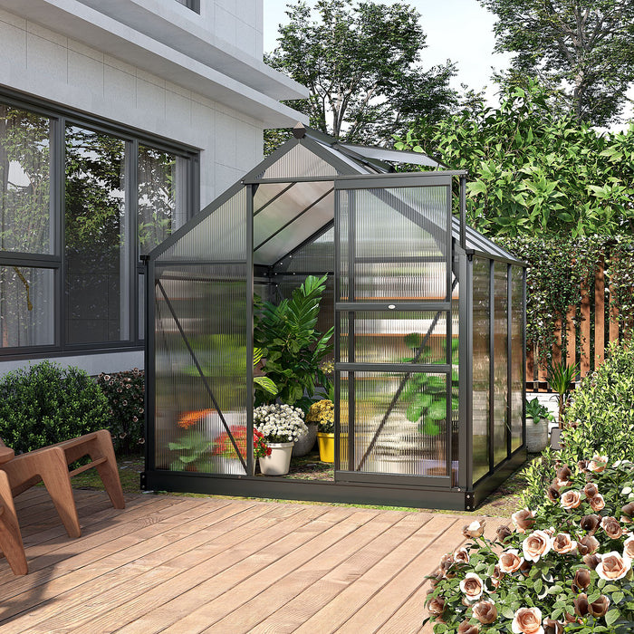 Large Walk-In Clear Polycarbonate Greenhouse - 6 x 6 ft Durable Plant Grow House with Sliding Door and Ventilated Window - Ideal for Garden Enthusiasts and Seasonal Planting