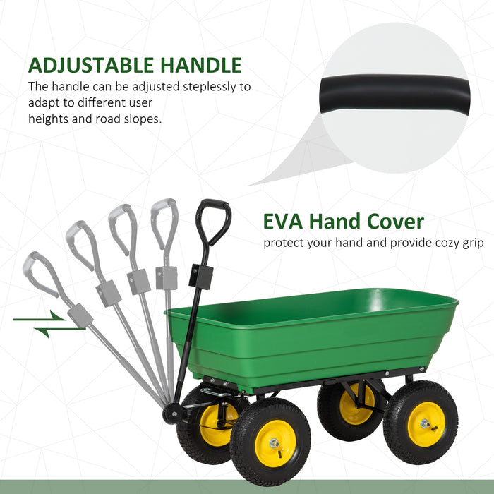 Heavy Duty Garden Cart Trolley 125L Capacity - 4-Wheel Barrow with Dumping Feature, Green - Ideal for Lawn and Yard Work, Transporting Soil and Equipment