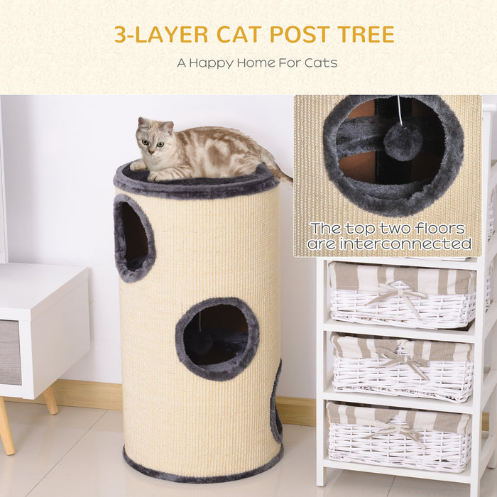 Plush Cat Tree Tower - Ф38x70H cm Two-Toned Beige/Grey Design - Perfect Climbing & Lounging Solution for Cats