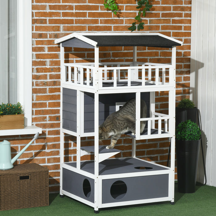 Cats Fir Wood 3-Tier Playhouse - Waterproof Multi-Level Feline Entertainment Center - Ideal for Outdoor Cat Adventures and Relaxation