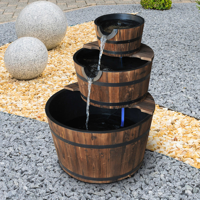 Rustic Wooden Barrel Water Fountain - 3-Tier Cascading Pump Feature for Garden and Deck - Enhances Outdoor Ambiance