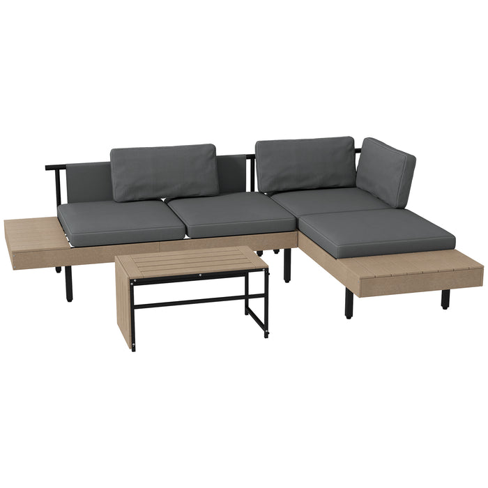 L Shaped 3-Piece Outdoor Sofa Set - HDPE Garden Furniture with Table and Cushions - Ideal for Poolside and Patio Lounging