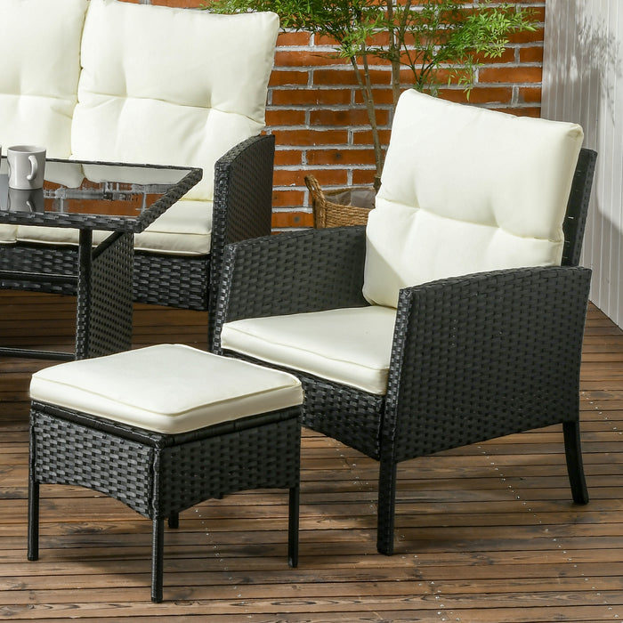 5-Seater Rattan Sofa Set - Wicker Armchairs, Footstools & Glass Table with Cushions - Ideal for Garden and Patio Comfort