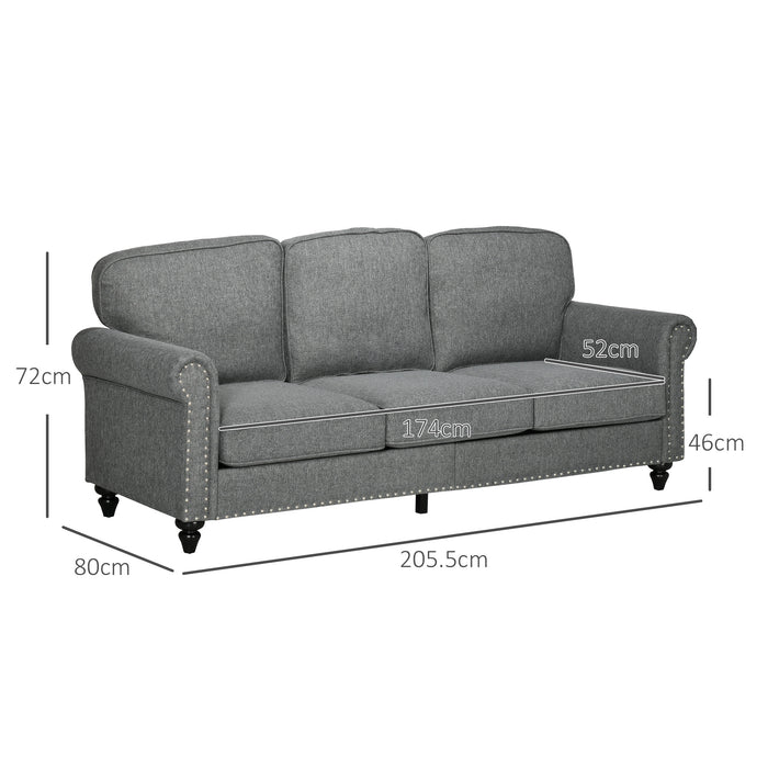 Fabric 3-Seater Sofa with Nailhead Trim - Grey Couch with Rolled Arms & Plush Cushions - Comfortable Living Room Seating Solution