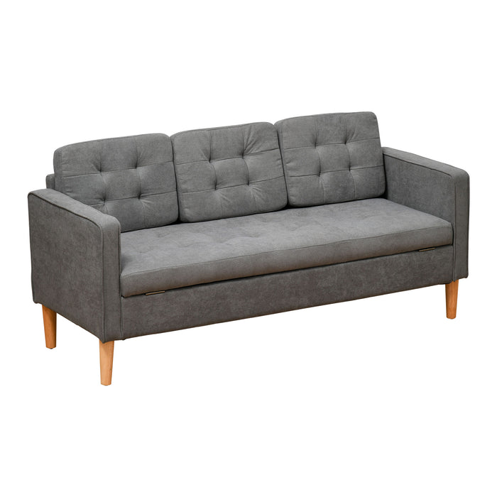 3-Seater Button-Tufted Sofa with Storage - Contemporary Fabric Couch with Rubberwood Legs, Grey - Space-Saving Furniture for Living Rooms