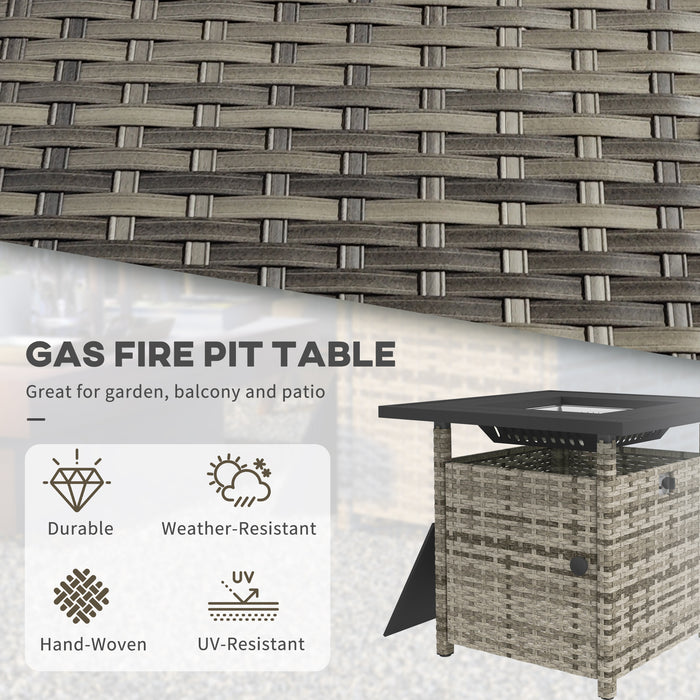 Outdoor Rattan 50,000 BTU Propane Fire Pit Table - Elegant Mixed Grey Design with Glass Wind Guard - Perfect Gathering Spot for Garden Get-Togethers