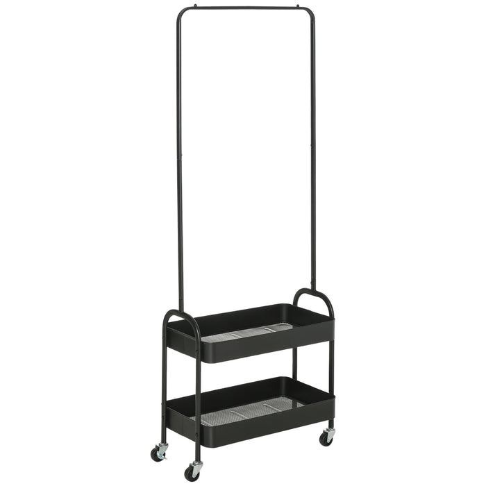 Freestanding Metal Garment Rack - Wheel-Mounted Coat Stand with Shoe Shelves and Clothing Rail - Space-Saving Hall Tree for Home Organization