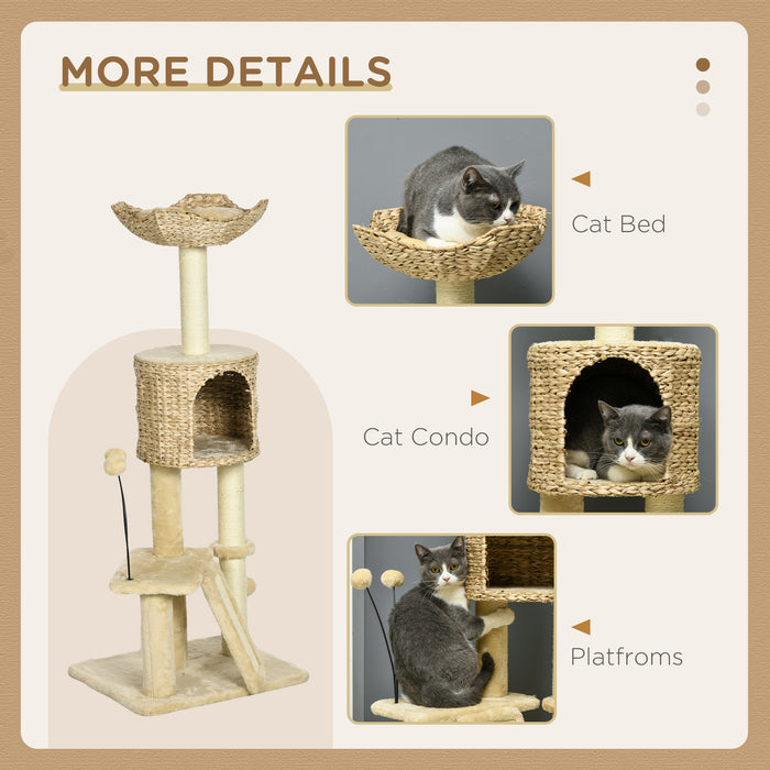 Deluxe Beige Cat Condo - Multilevel Scratching Post Tower with Cozy House, Cushioned Bed & Playful Toy Ball - Perfect Play & Rest Space for Felines