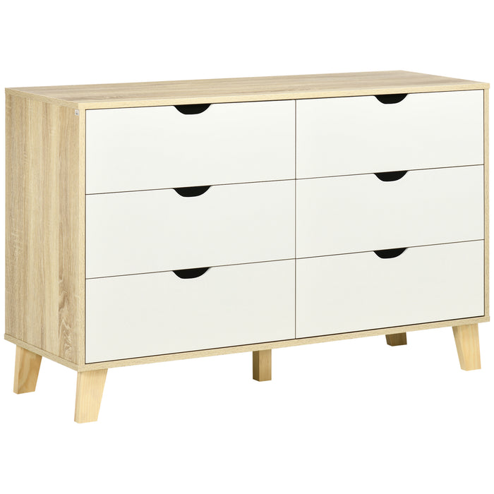 6-Drawer Wide Dresser - Bedroom & Living Room Storage Organizer with Wooden Legs - White & Light Brown Chest for Ample Space Management