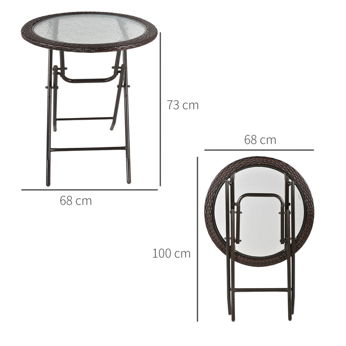 Folding Tempered Glass Table with Metal Frame and Rattan Trim - Round Outdoor Dining and Patio Furniture - Ideal for Garden, Balcony, and Deck Entertaining