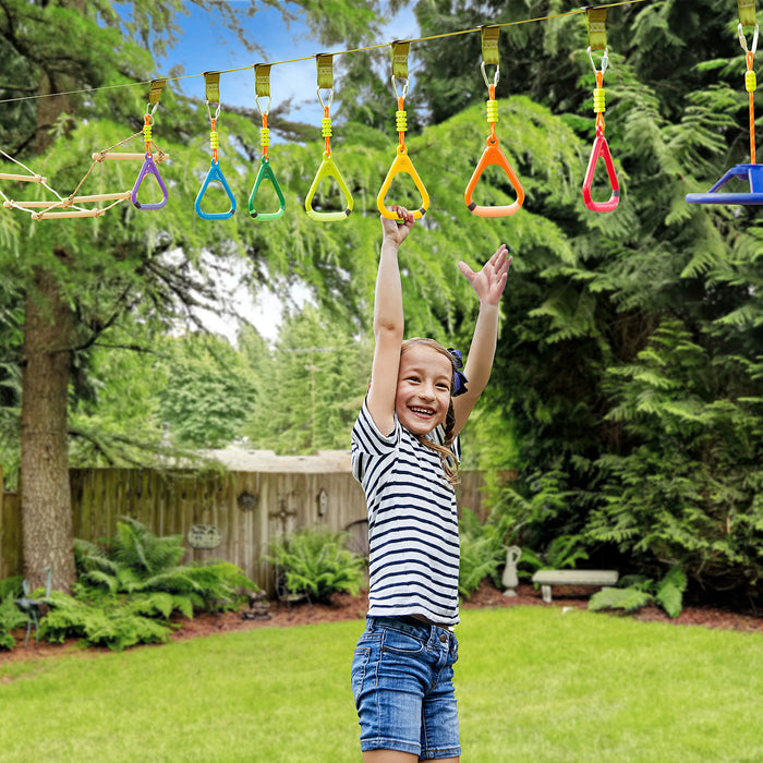 Kids Ninja Warrior Obstacle Course - 42.6 FT Slackline Training Kit with Monkey Bars, Rope Ladder, Swing, Gym Rings - Outdoor Play & Exercise for Children