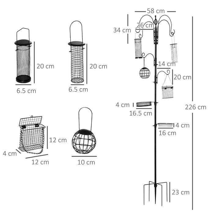 Bird Feeding Station Kit with 6-Hook Pole - Includes 4 Hanging Feeders for Peanuts, Seeds, & Fat Balls - Perfect for Garden Bird Enthusiasts