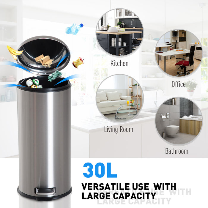 Stainless Steel 30L Foot Pedal Bin - Metal Waste Container with Lid for Kitchen - Hygienic Garbage Solution for Home Use