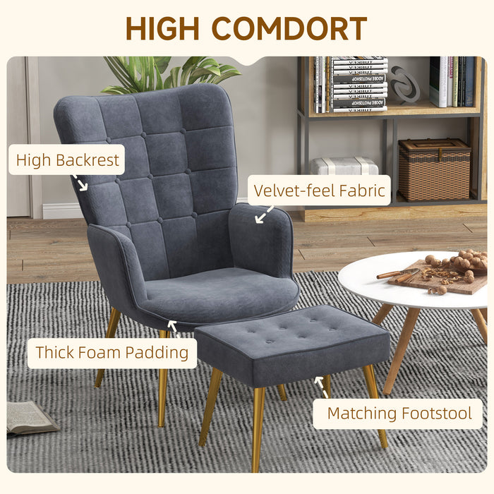 Modern Button-Tufted Wingback Armchair with Footstool - Upholstered Accent Chair with Gold-Tone Steel Legs - Stylish Seating Solution for Living Room Comfort, Dark Grey