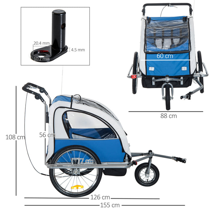 2-Seater Bike Trailer & Jogger Combo - Removable Canopy, Storage Pocket, Durable Steel Frame in Blue - Ideal for Active Parents with Babies or Young Children