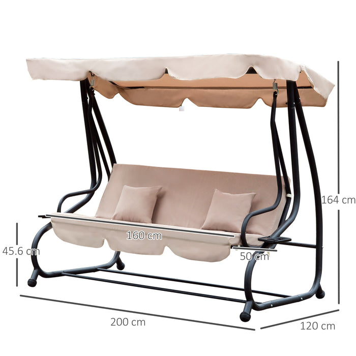 3-Seater Garden Swing Seat with 2-in-1 Hammock Bed Feature - Adjustable Canopy and Cushioned Patio Chair in Light Brown - Ideal for Outdoor Relaxation and Comfort