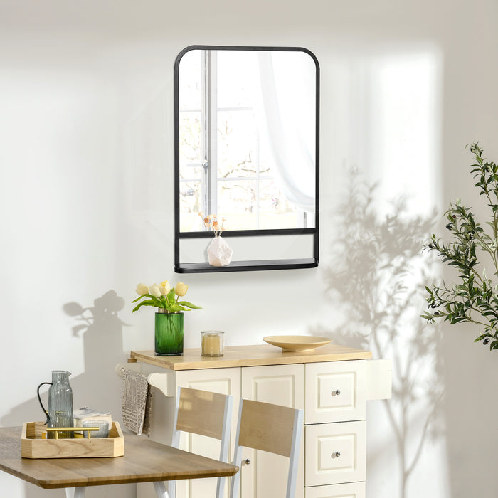 Modern Square Wall Mirror with Shelf - 70x50cm Reflective Surface, Storage Solution - Ideal for Living Room & Bedroom Decor, Sleek Black Finish