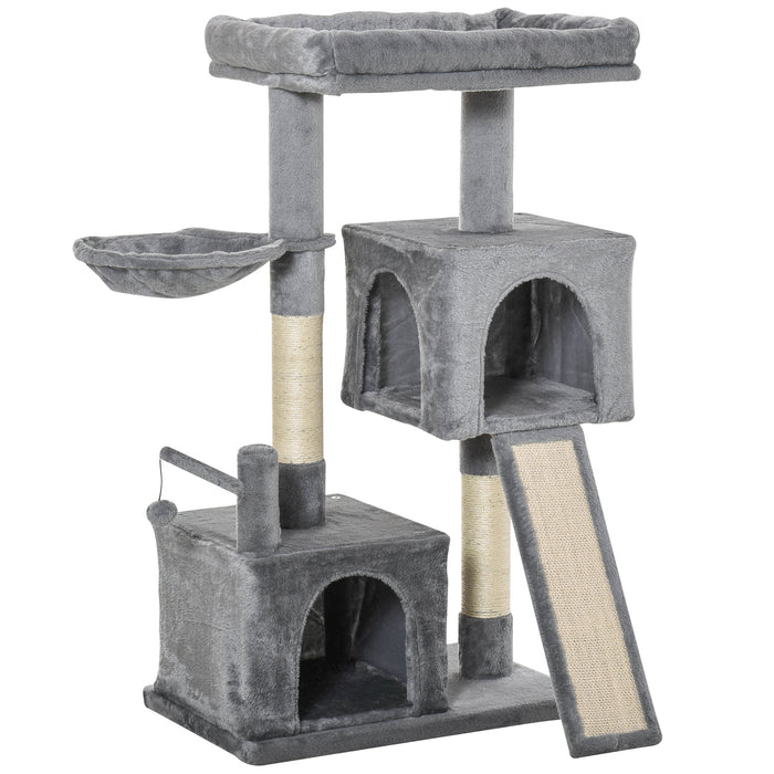 Cat Tree Tower - 111cm Kitten Activity Centre with Sisal Scratching Posts, Perches, Hanging Ball, Hammock & Condo - Ideal for Feline Play & Relaxation