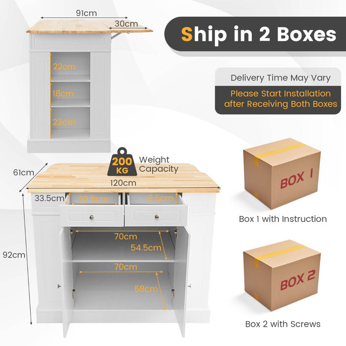 Drop-Leaf - Kitchen Island Trolley with Extendable Worktop and Adjustable Shelving in White - Ideal for Space Saving and Additional Storage in the Kitchen