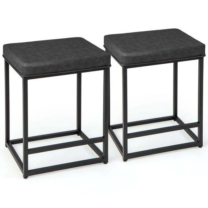 Set of 2 Bar Stools - Black PVC Leather Cushion - Ideal for Kitchen and Dining Room Seating