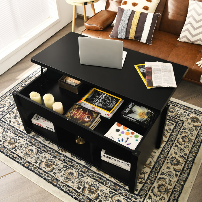 Rising Center Brand Table - Lift Top Design with Hidden Compartment in Sleek Black - Perfect for Space Optimization and Hidden Storage Needs