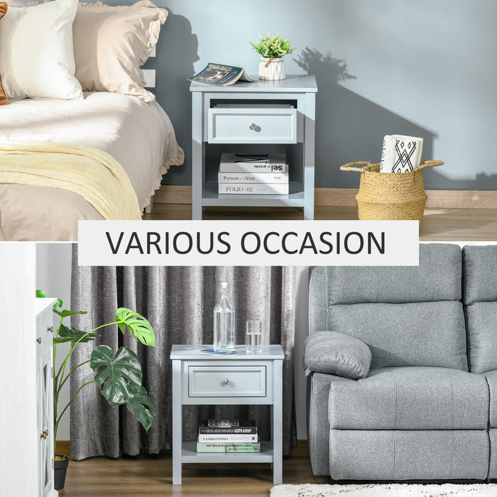 Classic Grey Nightstand with Drawer and Open Shelf - Sturdy Bedside End Table with Metal Handle - Elegant Bedroom Storage Solution