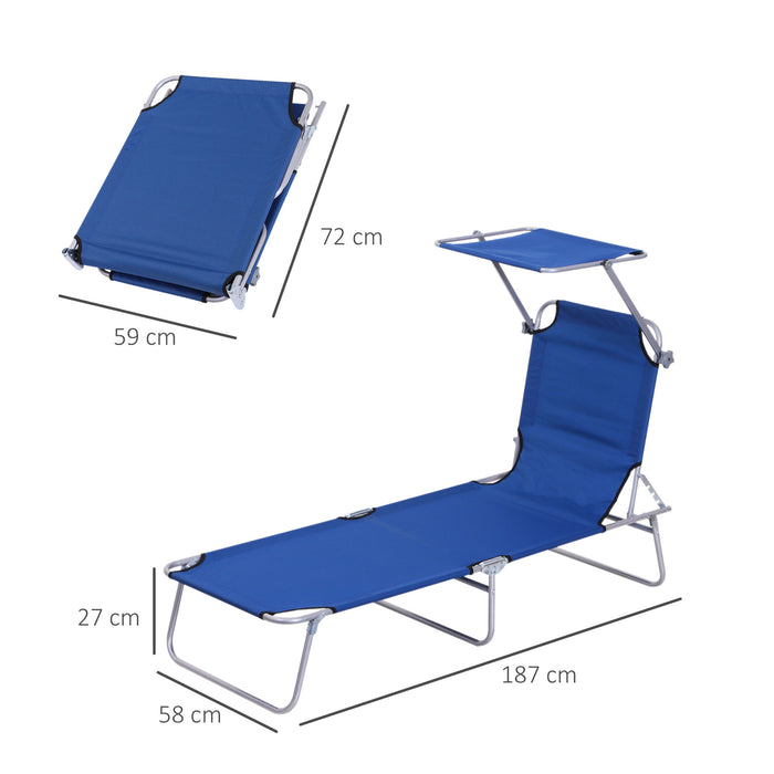 Folding Sun Lounger with Adjustable Reclining Chair and Sun Shade Awning - Perfect for Beach, Garden, and Outdoor Patio Relaxation - Comfortable Blue Recliner for Sunbathing and Leisure