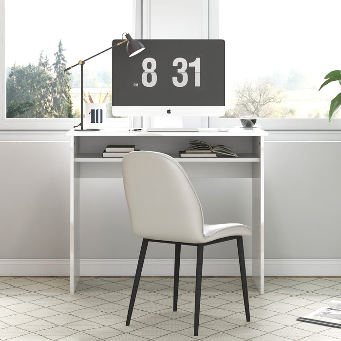 Modern High Gloss White Computer Table - 90x50cm Home Office Desk with Storage Shelf - Compact Writing Space for Small Areas