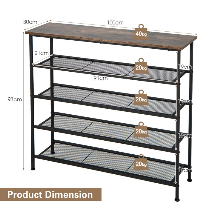 5-Tier Storage Rack - Metal Mesh Shelves & Wooden Top in Brown - Ideal for Shoe Organization