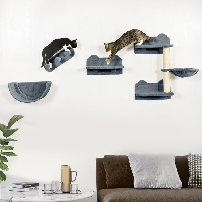 Wall-Mounted Cat Shelving System - Includes Scratching Post, Cozy Hammock & Nest in Grey and Cream - Perfect for Feline Play and Rest