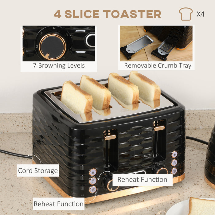 1600W 1.7L Rapid Boil Kettle & 4 Slice Toaster Set - With 7 Browning Controls, Defrost, Reheat Functions, and Crumb Tray - Perfect for Busy Kitchens and Breakfast Enthusiasts