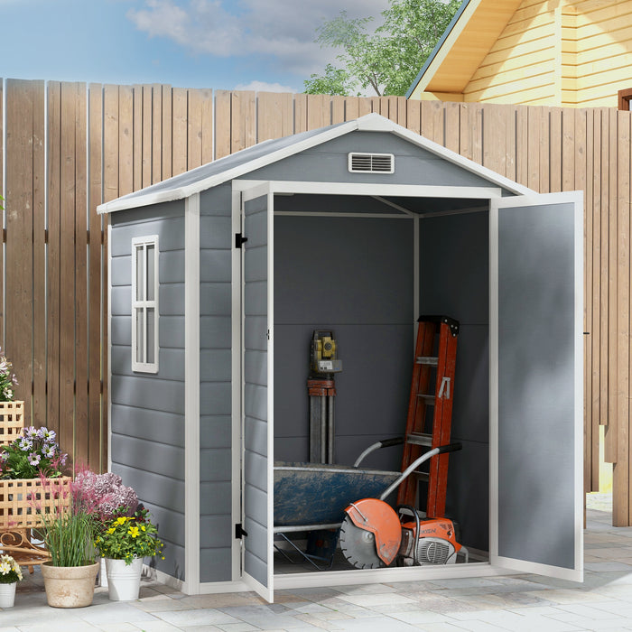 Garden Storage Shed 6'x4.5' - Lockable Double Doors, Window, Ventilation & Durable Plastic Roof, Grey - Ideal for Tools and Equipment Safety