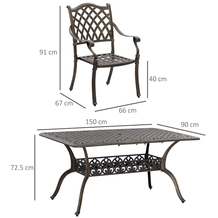 Cast Aluminum 6-Seater Patio Dining Set - Outdoor Furniture with Cushioned Chairs & Umbrella Hole - Ideal for Family Gatherings & Garden Parties