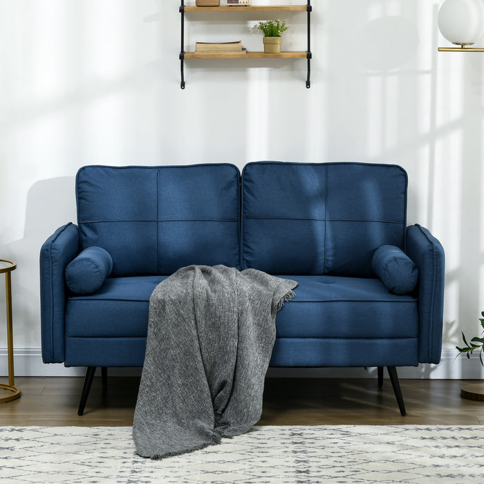 Loveseat Sofa 143cm - Upholstered 2-Seater with Back Cushions and Pillows in Blue - Cozy Furniture for Bedroom or Small Spaces