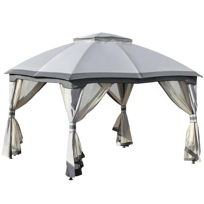 Metal Gazebo Canopy 3.7x3m with Netting Sidewalls - Double Tiered Roof Garden Patio Shelter - Ideal for Outdoor Parties and Gatherings