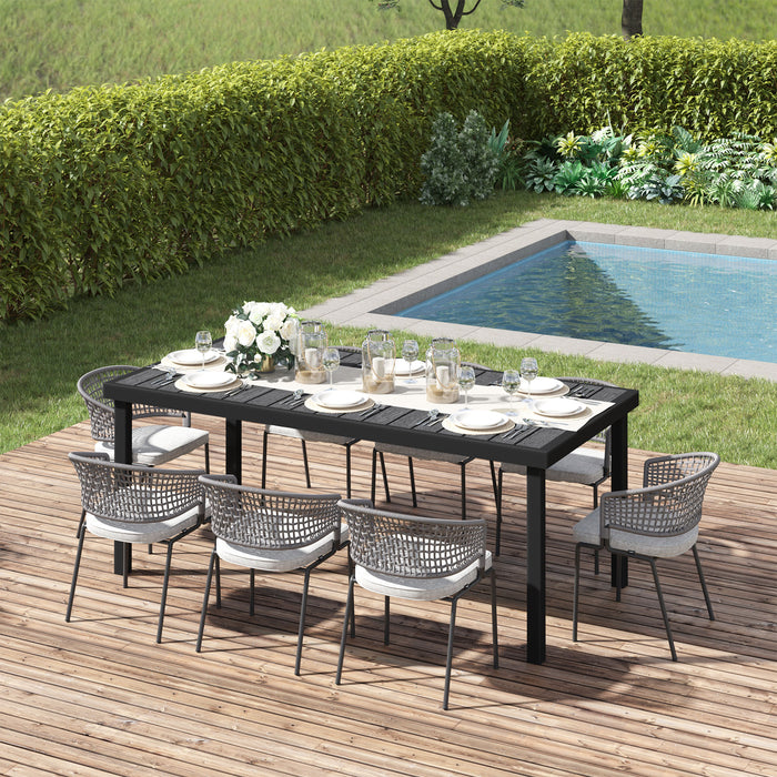 Alfresco 8-Seater Dining Table - Aluminium Frame with Faux Wood Top, 190x90x74cm, Black - Ideal for Patio, Lawn & Outdoor Gatherings