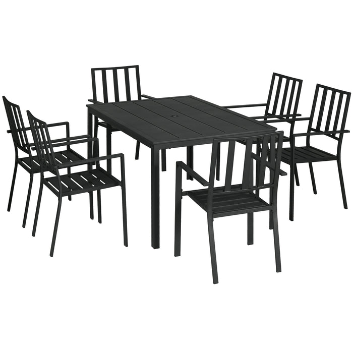 7-Piece Garden Dining Set - Outdoor Metal Table with Umbrella Hole & 6 Stackable Chairs - Ideal for Patio Dining and Entertaining