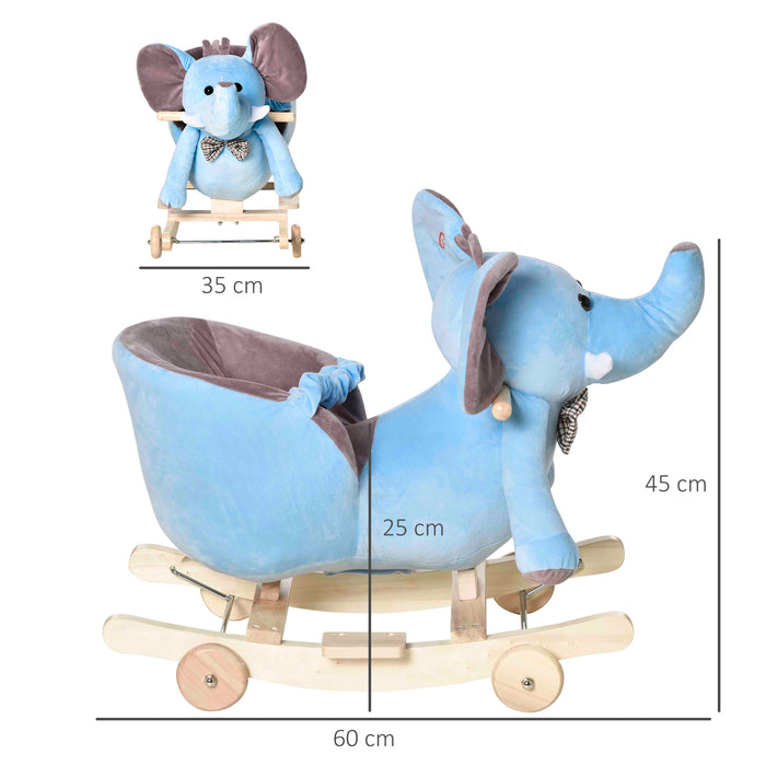 Plush Elephant Rocking Horse with Wheels for Toddlers - 2-In-1 Convertible Wood Base Rocker, 32 Melodies - Interactive Toy for Kids, Soft Plush Finish in Blue