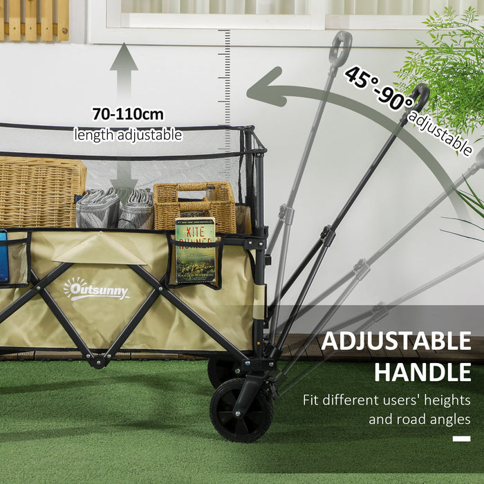 Folding Garden Trolley Wagon - 180L Capacity, Extendable Side Walls, Multipurpose Cart, Khaki - Ideal for Beach, Camping, Festivals