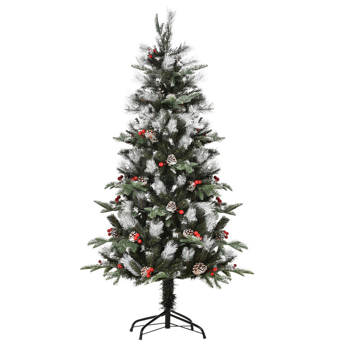 5FT Snow-Dipped Artificial Christmas Pencil Tree - Holiday Home Decor with Foldable Stand, Red Berries & White Pinecones - Ideal for Festive Party Ambiance