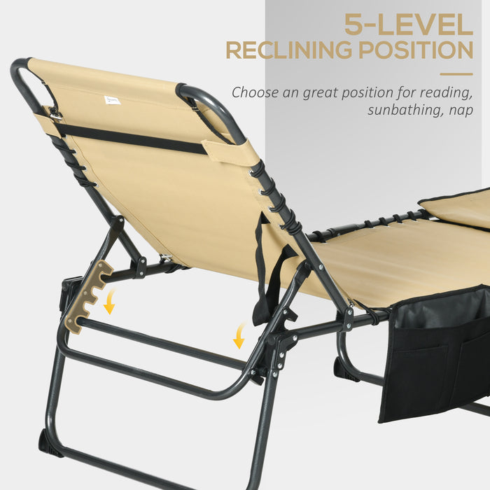 Outdoor Tanning Chair with 5-Level Adjustable Backrest - Sun Lounge with Reading Hole, Side Pocket & Headrest - Ideal for Beach, Yard & Patio Relaxation in Beige