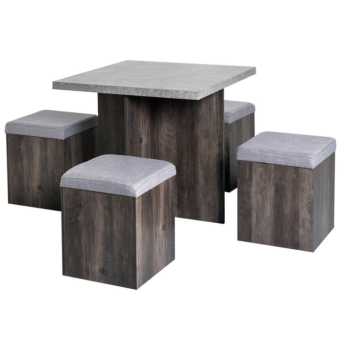 5PC Wooden Dining Set with Storage Stools - Garden Patio Furniture with Cushioned Ottomans and Table - Space-Saving Ensemble Ideal for Indoor & Outdoor Use